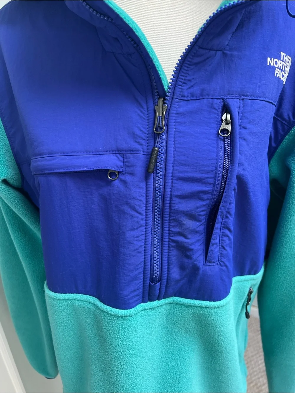 The North Face Men Denali Anorak Teal Blue Colorblock Hood Fleece Pullover MED